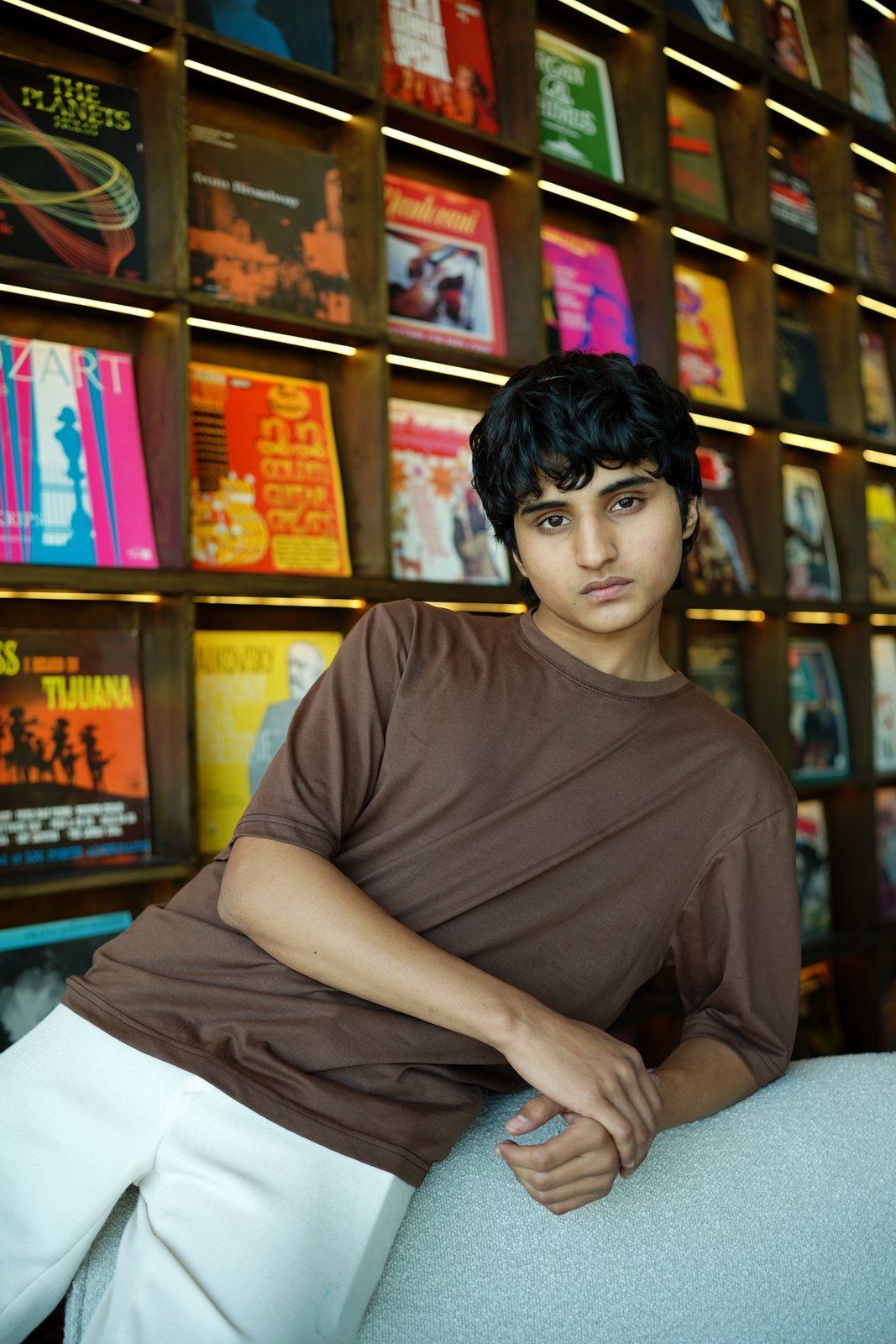 Brown drop shoulder tee fabric close up - Soch
