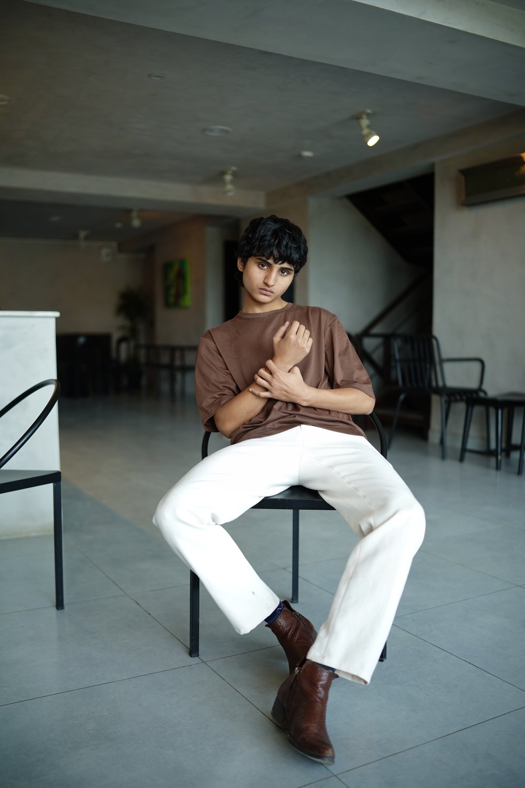 Cocoa brown tee styled with trousers outfit - Soch