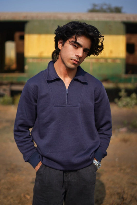 Navy crewneck pullover men front view - Soch Pakistan