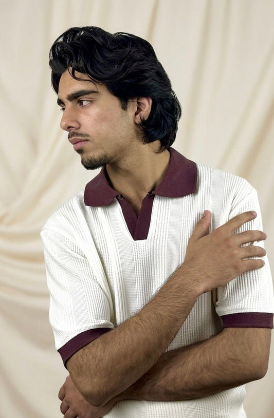 Oxford contrast polo white maroon front view - Soch