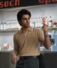 Sand knit polo shirt men front view textured cotton open collar - Soch Pakistan