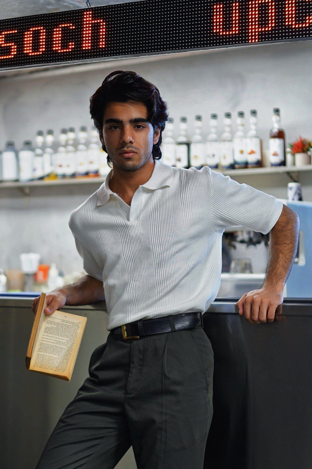 Signature white knit polo shirt men front view - Soch Pakistan