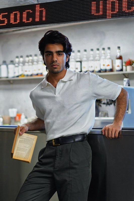 Signature white knit polo shirt men front view - Soch Pakistan